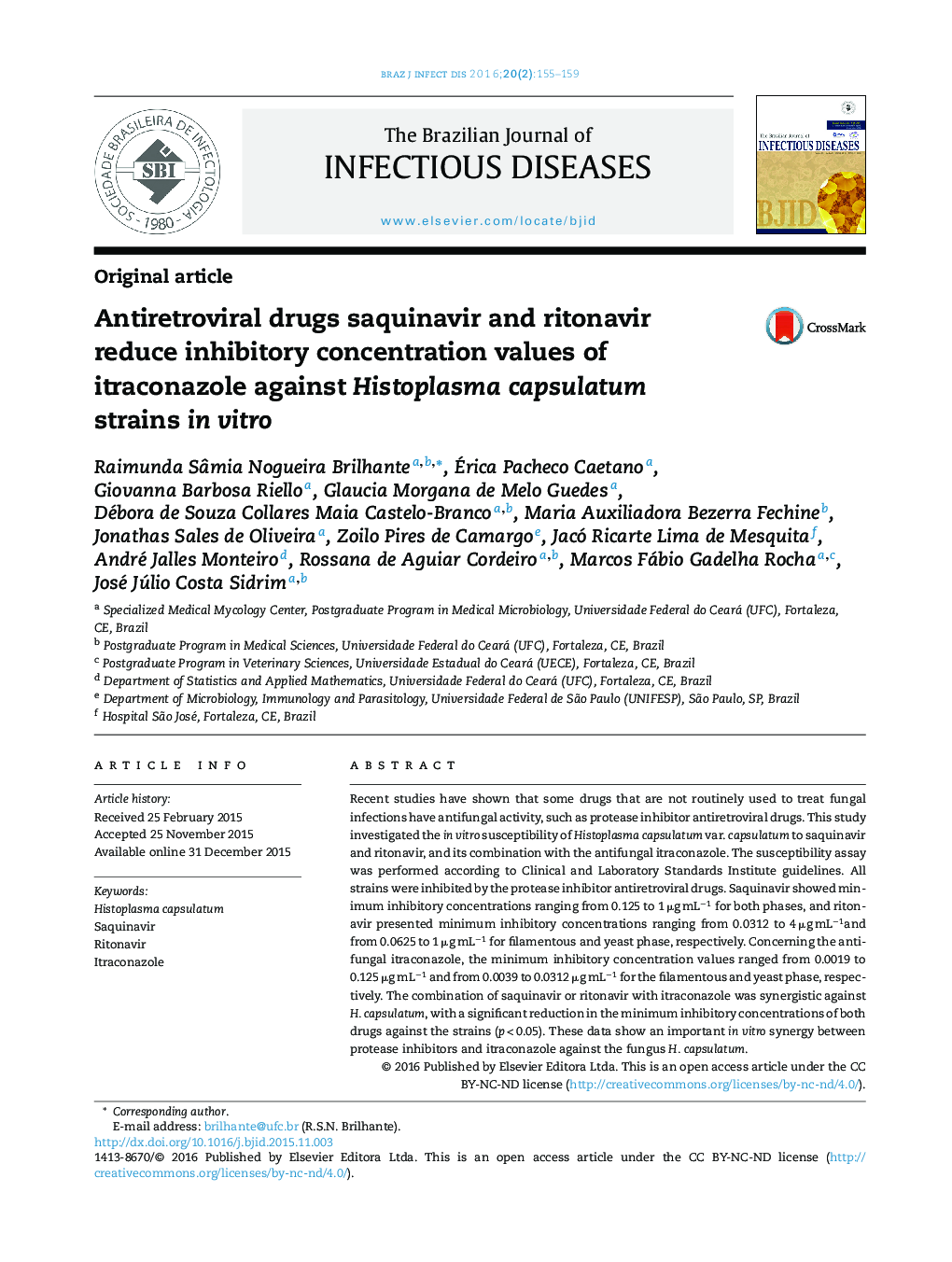 Antiretroviral drugs saquinavir and ritonavir reduce inhibitory concentration values of itraconazole against Histoplasma capsulatum strains in vitro