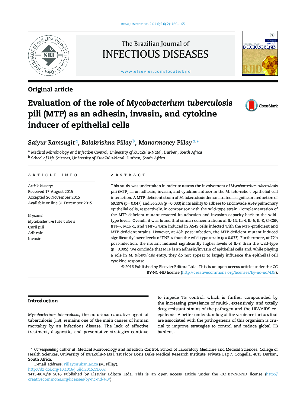 Evaluation of the role of Mycobacterium tuberculosis pili (MTP) as an adhesin, invasin, and cytokine inducer of epithelial cells