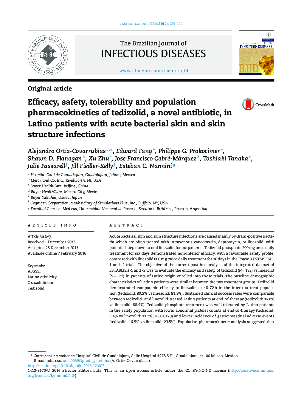 Efficacy, safety, tolerability and population pharmacokinetics of tedizolid, a novel antibiotic, in Latino patients with acute bacterial skin and skin structure infections