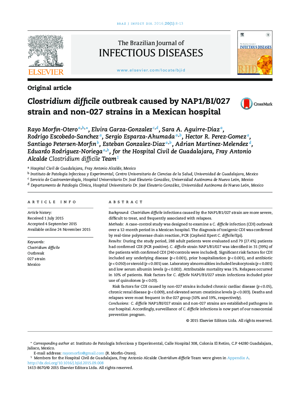 Clostridium difficile outbreak caused by NAP1/BI/027 strain and non-027 strains in a Mexican hospital