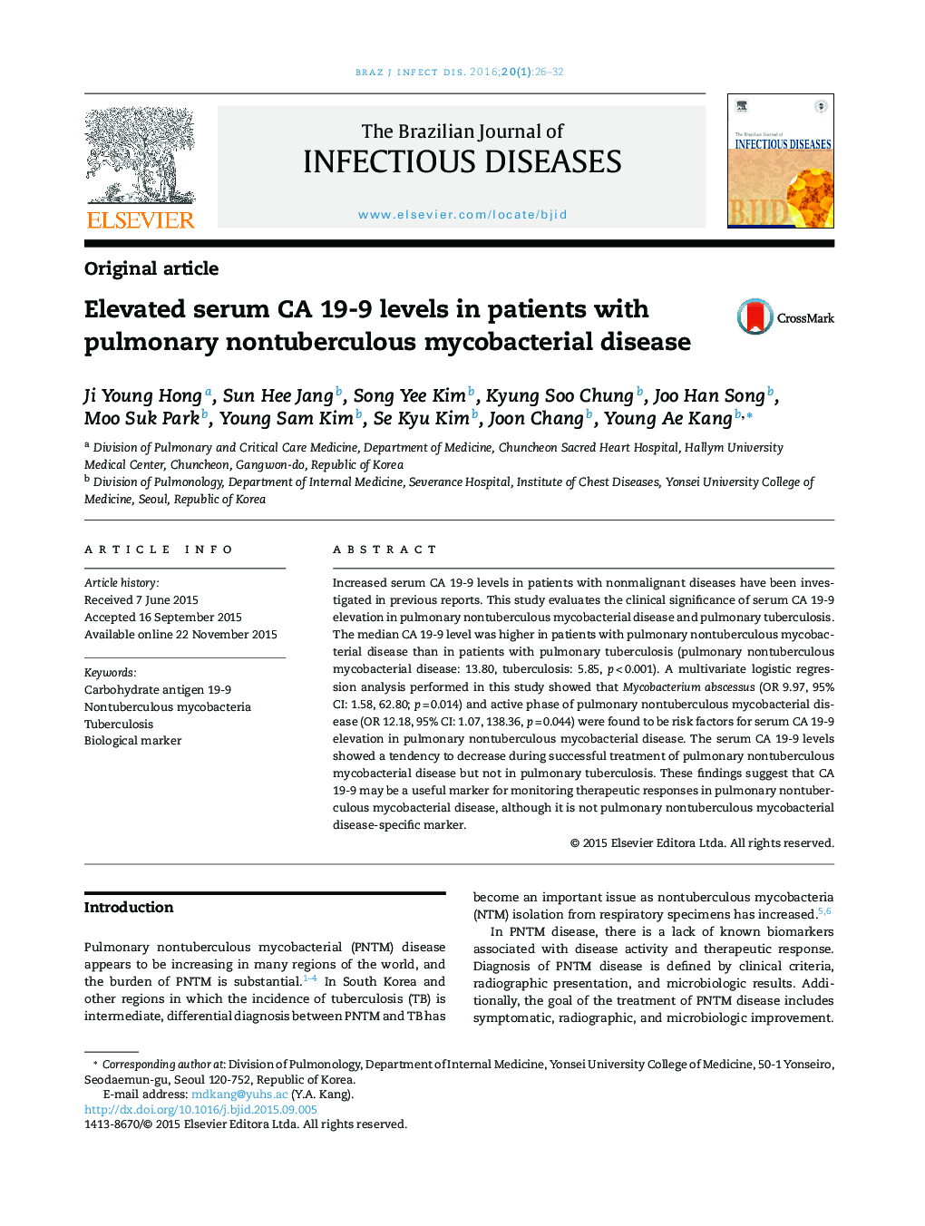 Elevated serum CA 19-9 levels in patients with pulmonary nontuberculous mycobacterial disease