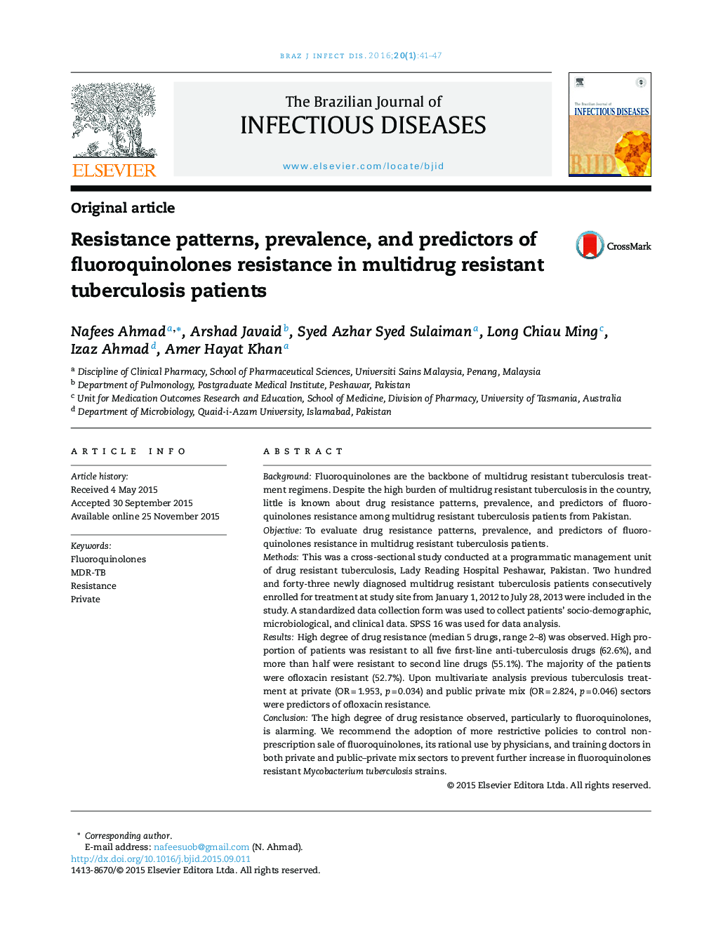 Resistance patterns, prevalence, and predictors of fluoroquinolones resistance in multidrug resistant tuberculosis patients