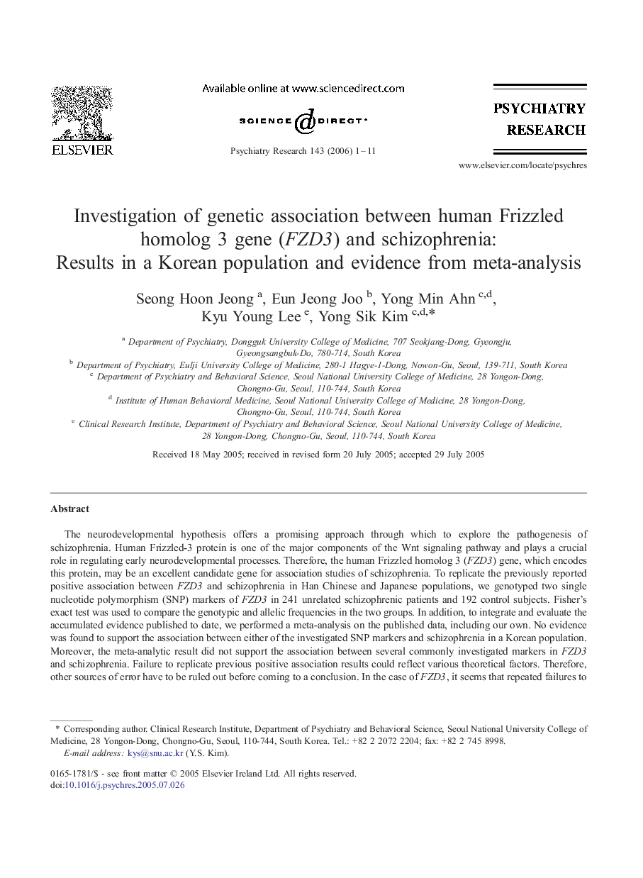 Investigation of genetic association between human Frizzled homolog 3 gene (FZD3) and schizophrenia: Results in a Korean population and evidence from meta-analysis