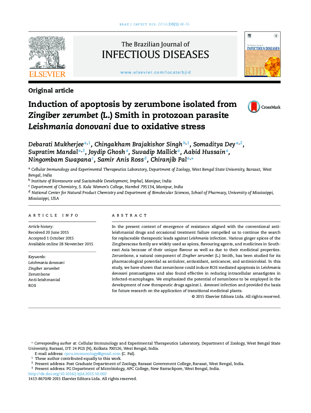 Induction of apoptosis by zerumbone isolated from Zingiber zerumbet (L.) Smith in protozoan parasite Leishmania donovani due to oxidative stress