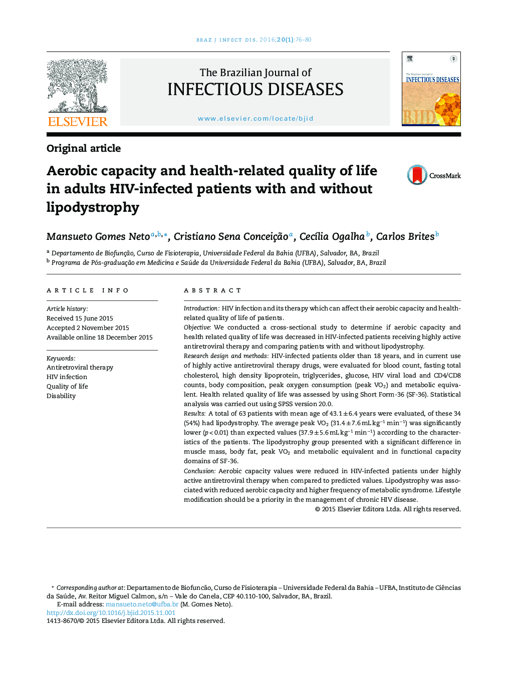 Aerobic capacity and health-related quality of life in adults HIV-infected patients with and without lipodystrophy