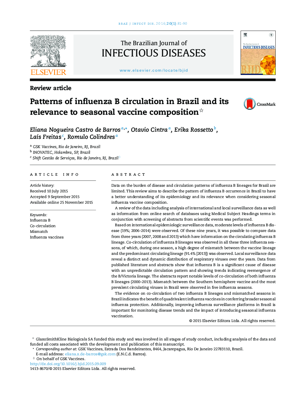 Patterns of influenza B circulation in Brazil and its relevance to seasonal vaccine composition 