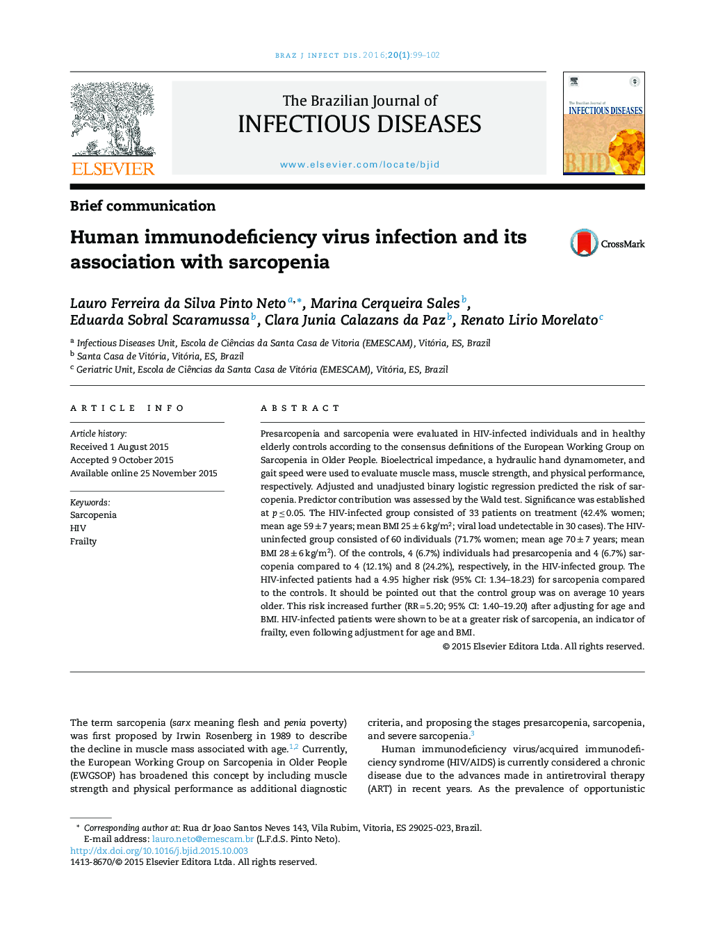 Human immunodeficiency virus infection and its association with sarcopenia