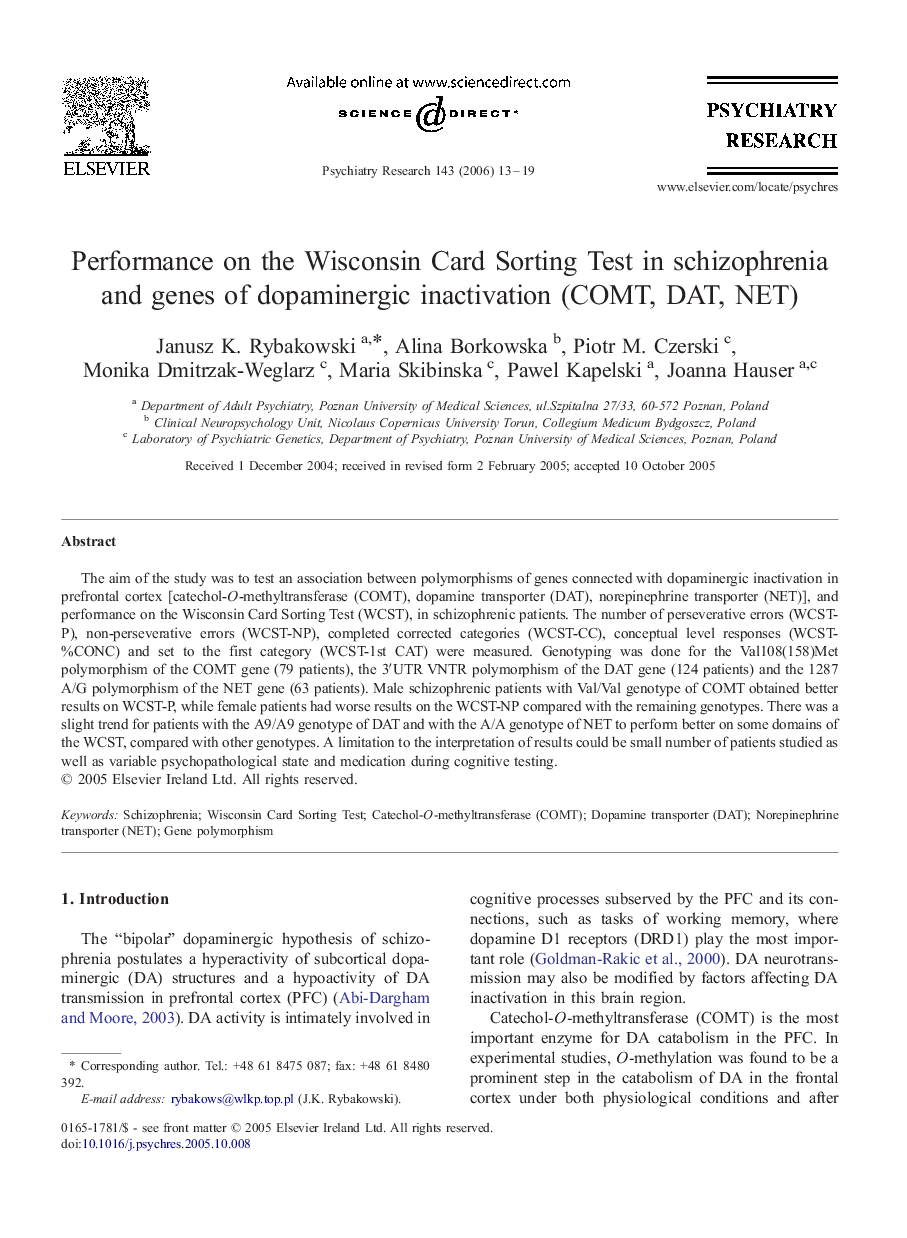 Performance on the Wisconsin Card Sorting Test in schizophrenia and genes of dopaminergic inactivation (COMT, DAT, NET)