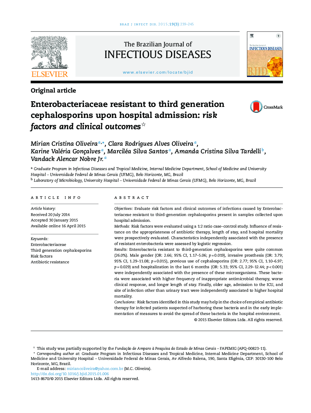 Enterobacteriaceae resistant to third generation cephalosporins upon hospital admission: risk factors and clinical outcomes 