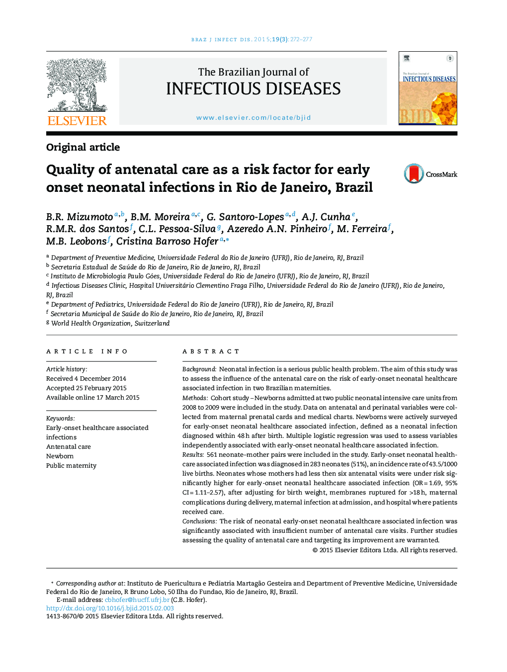 Quality of antenatal care as a risk factor for early onset neonatal infections in Rio de Janeiro, Brazil