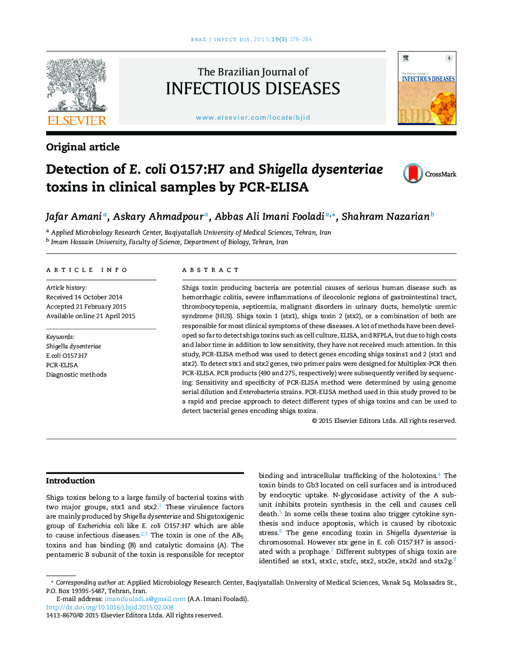 Detection of E. coli O157:H7 and Shigella dysenteriae toxins in clinical samples by PCR-ELISA