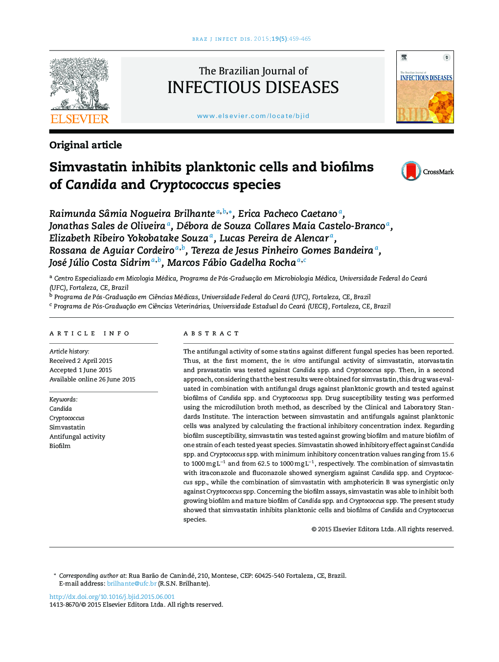 Simvastatin inhibits planktonic cells and biofilms of Candida and Cryptococcus species