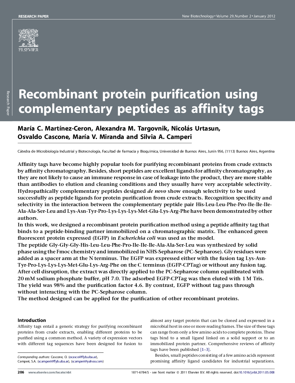 Recombinant protein purification using complementary peptides as affinity tags