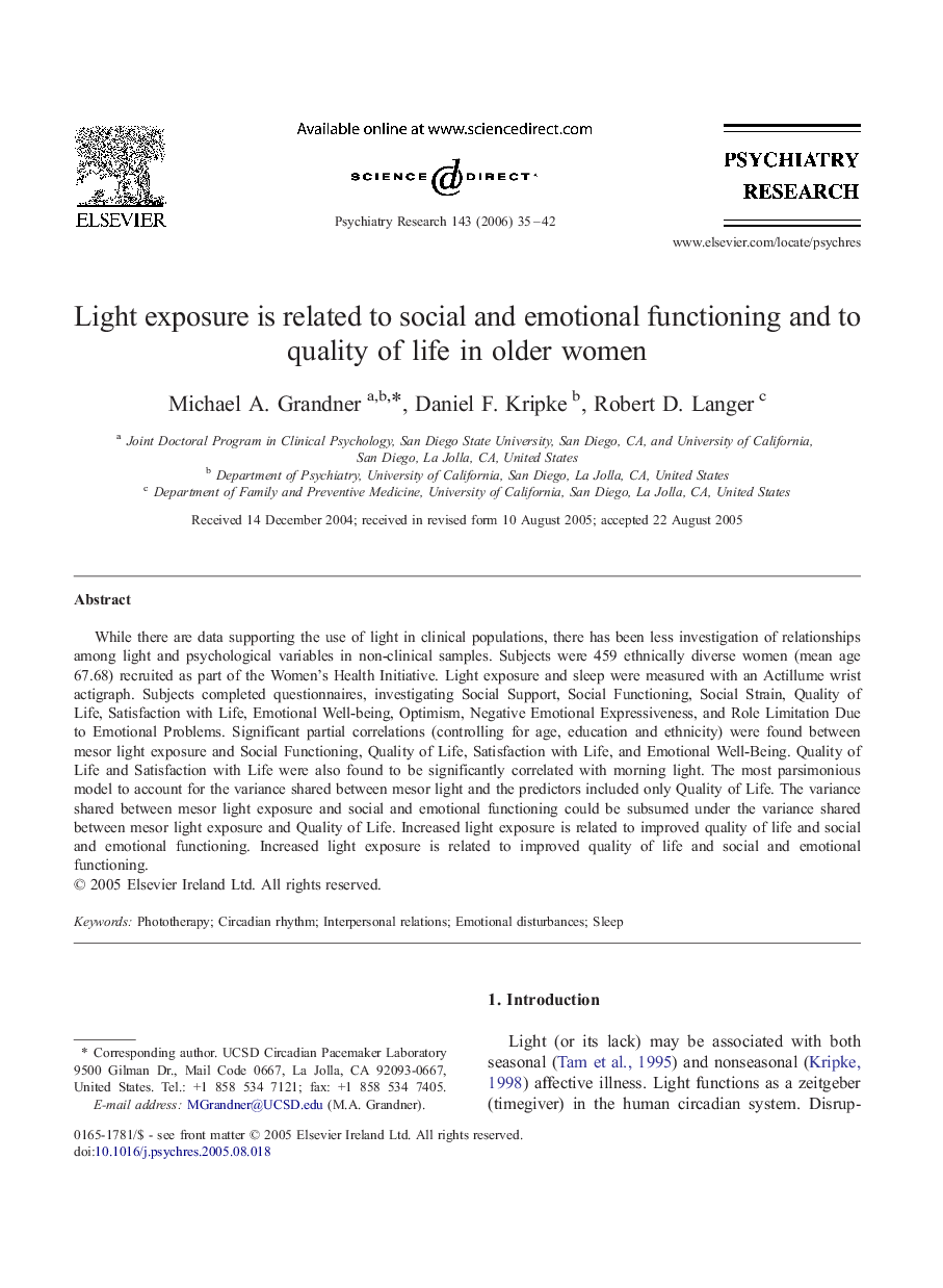 Light exposure is related to social and emotional functioning and to quality of life in older women