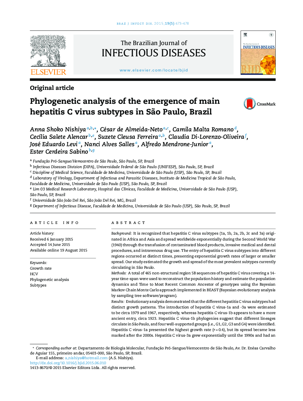 Phylogenetic analysis of the emergence of main hepatitis C virus subtypes in São Paulo, Brazil