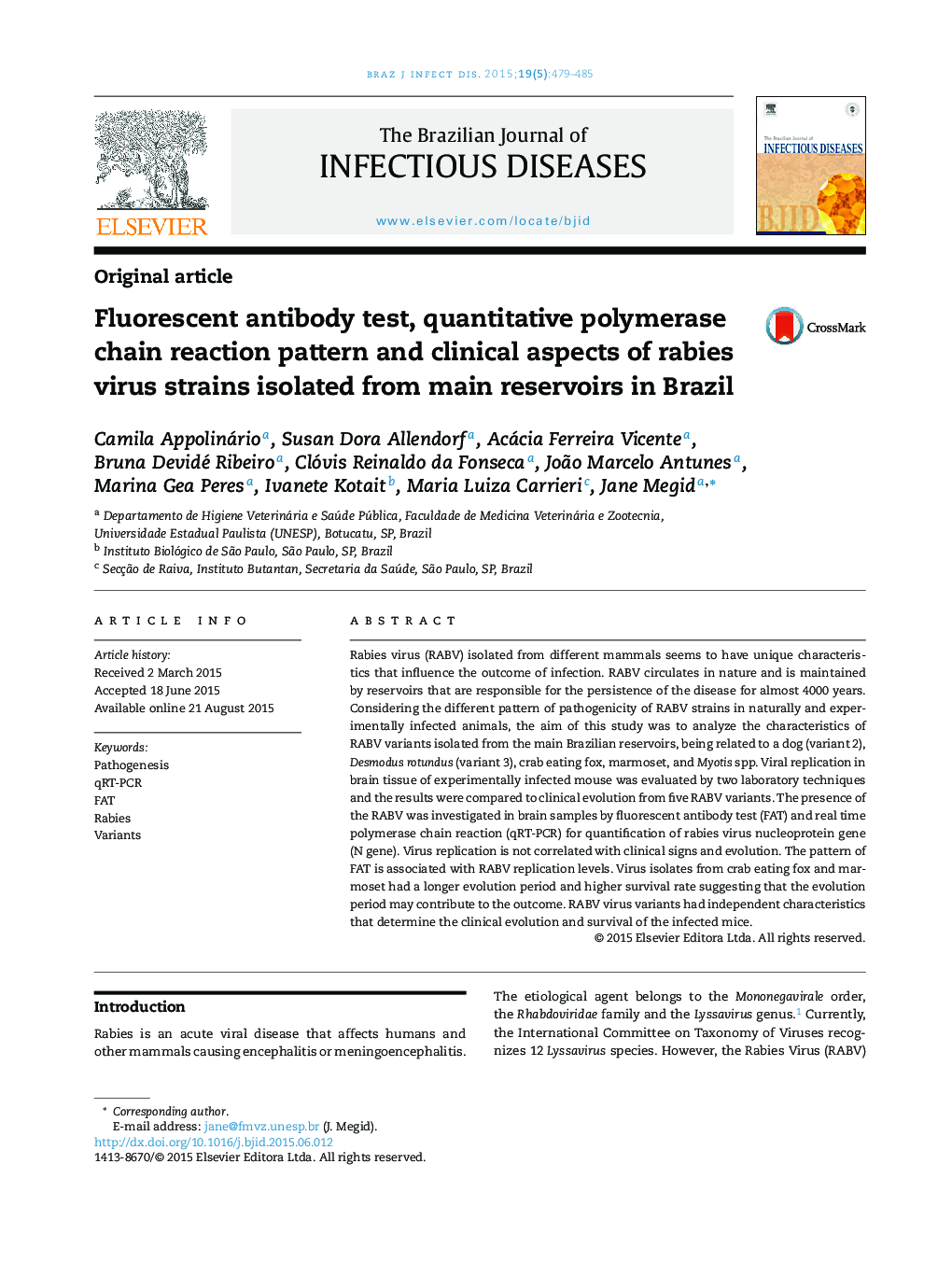 Fluorescent antibody test, quantitative polymerase chain reaction pattern and clinical aspects of rabies virus strains isolated from main reservoirs in Brazil