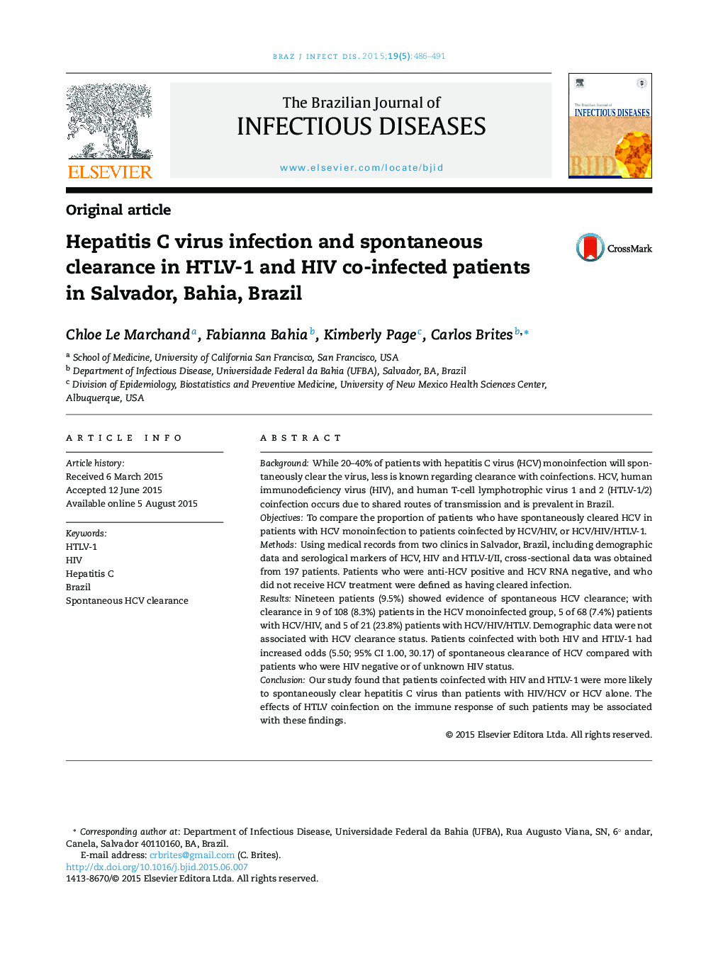 Hepatitis C virus infection and spontaneous clearance in HTLV-1 and HIV co-infected patients in Salvador, Bahia, Brazil