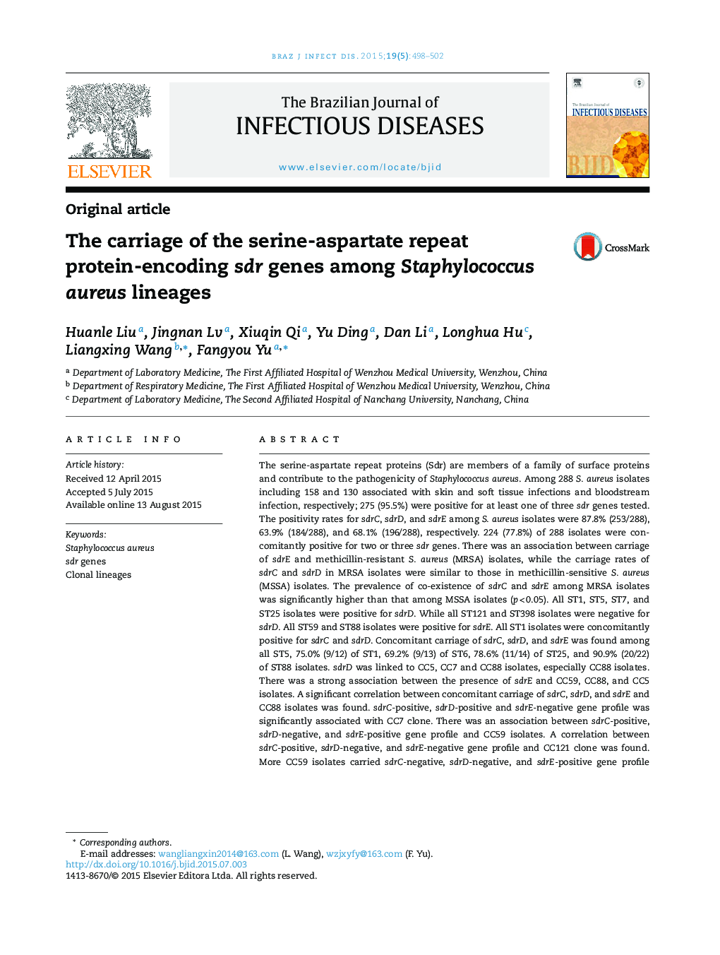 The carriage of the serine-aspartate repeat protein-encoding sdr genes among Staphylococcus aureus lineages