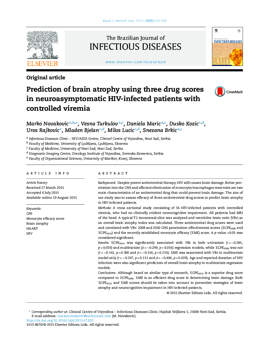 Prediction of brain atrophy using three drug scores in neuroasymptomatic HIV-infected patients with controlled viremia