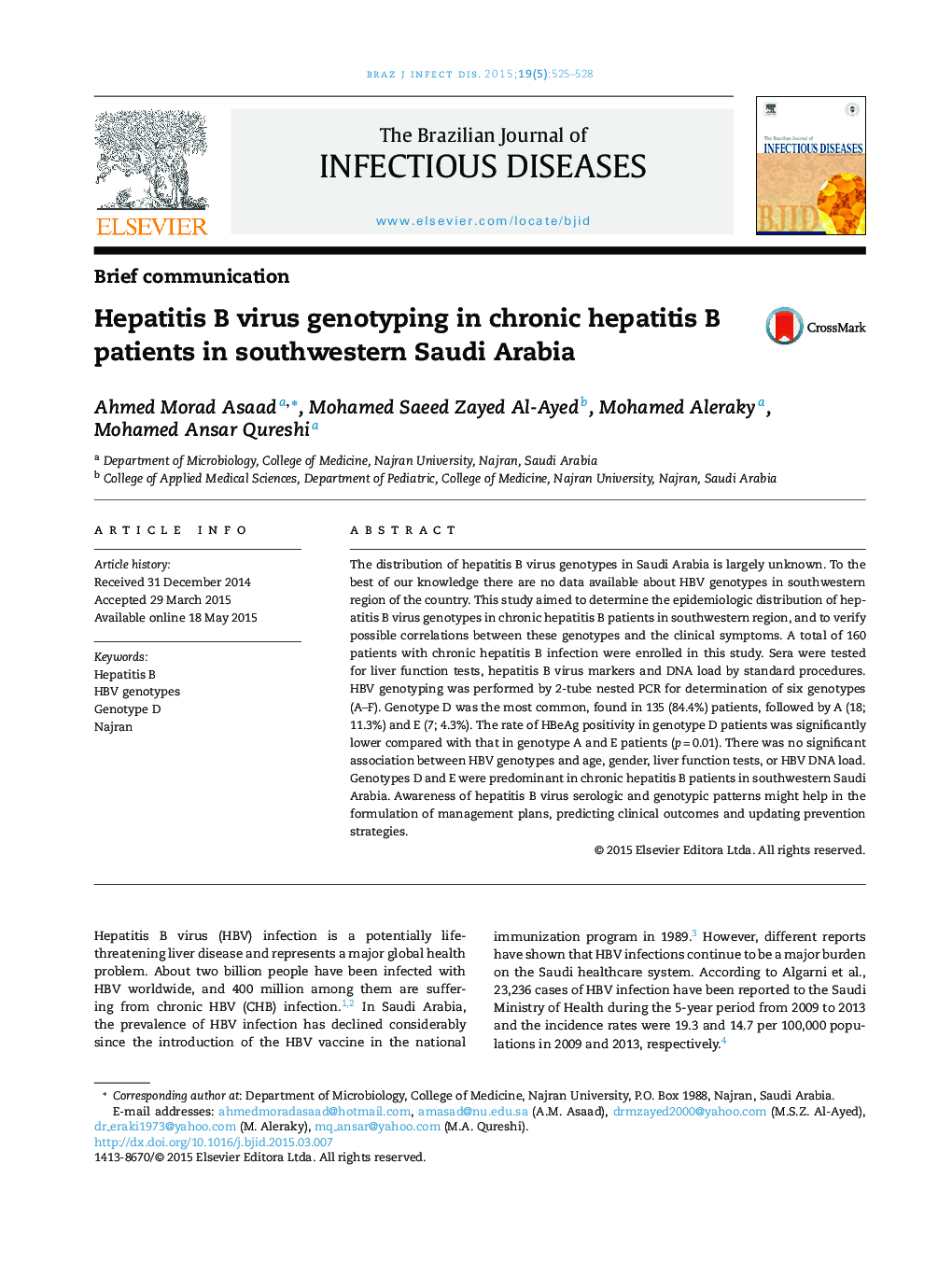 Hepatitis B virus genotyping in chronic hepatitis B patients in southwestern Saudi Arabia