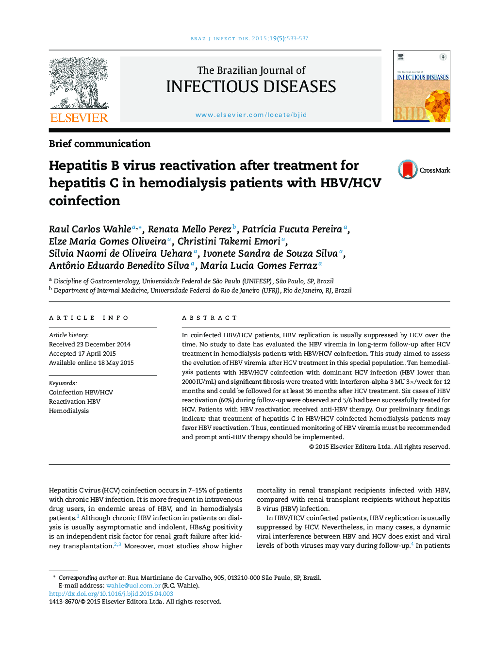 Hepatitis B virus reactivation after treatment for hepatitis C in hemodialysis patients with HBV/HCV coinfection