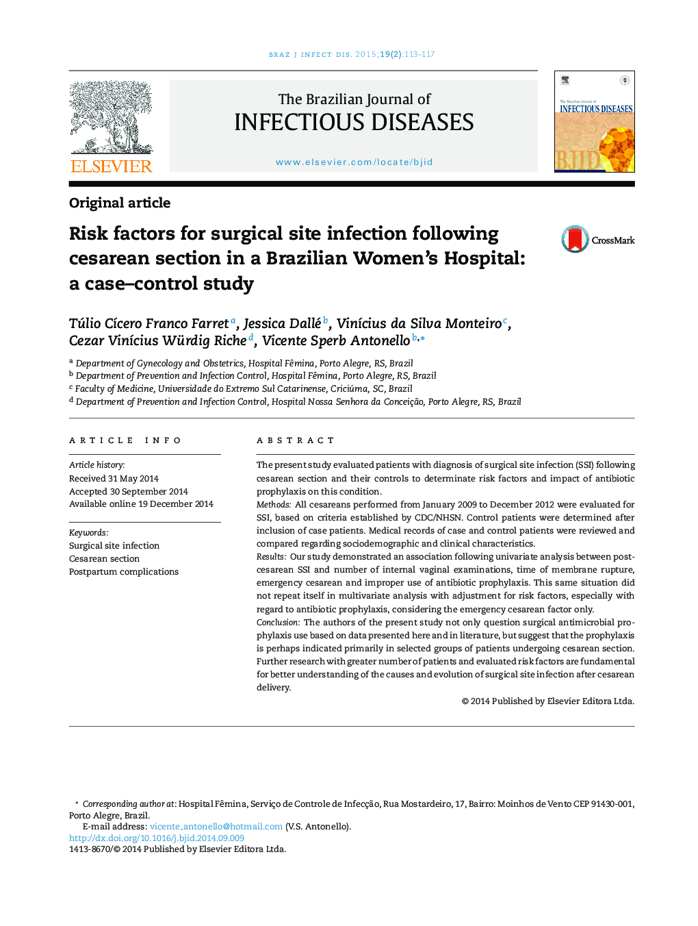 Risk factors for surgical site infection following cesarean section in a Brazilian Women's Hospital: a case–control study