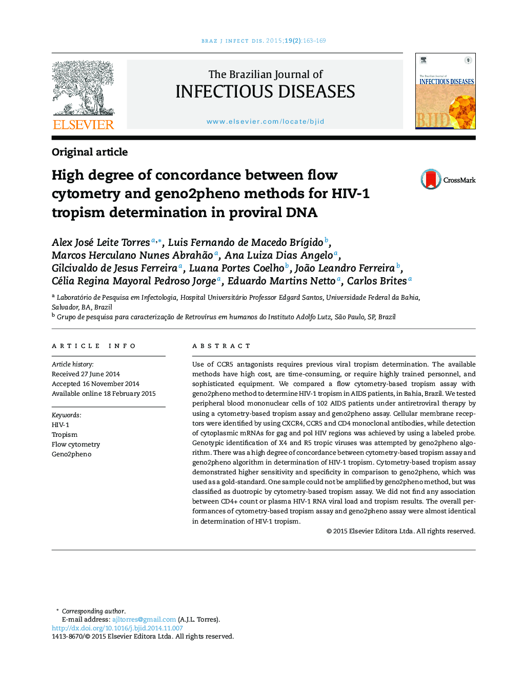 High degree of concordance between flow cytometry and geno2pheno methods for HIV-1 tropism determination in proviral DNA