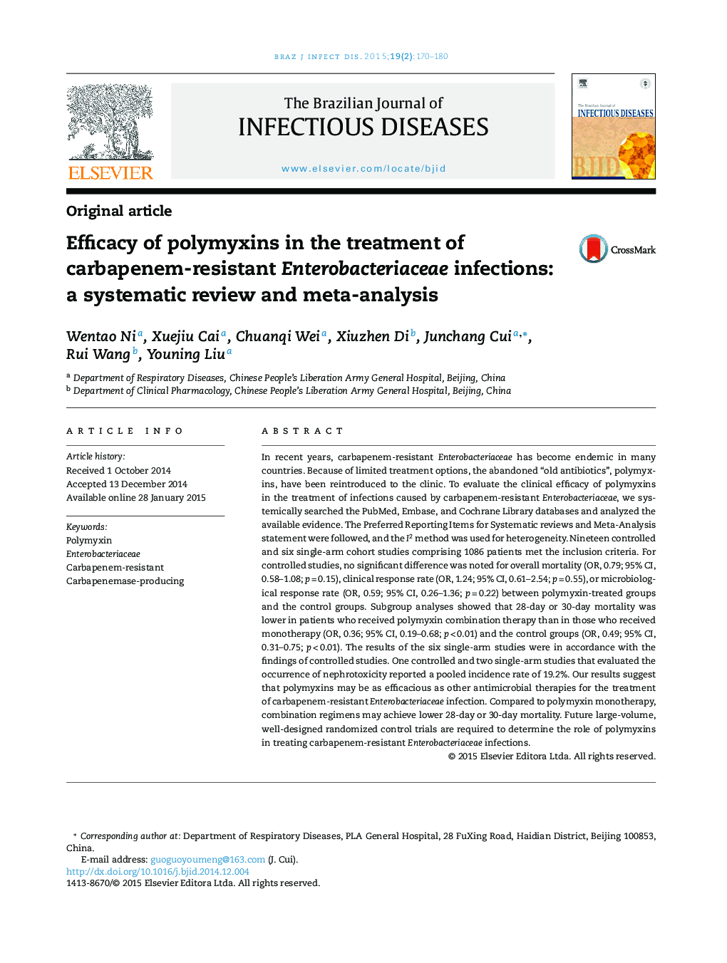 Efficacy of polymyxins in the treatment of carbapenem-resistant Enterobacteriaceae infections: a systematic review and meta-analysis