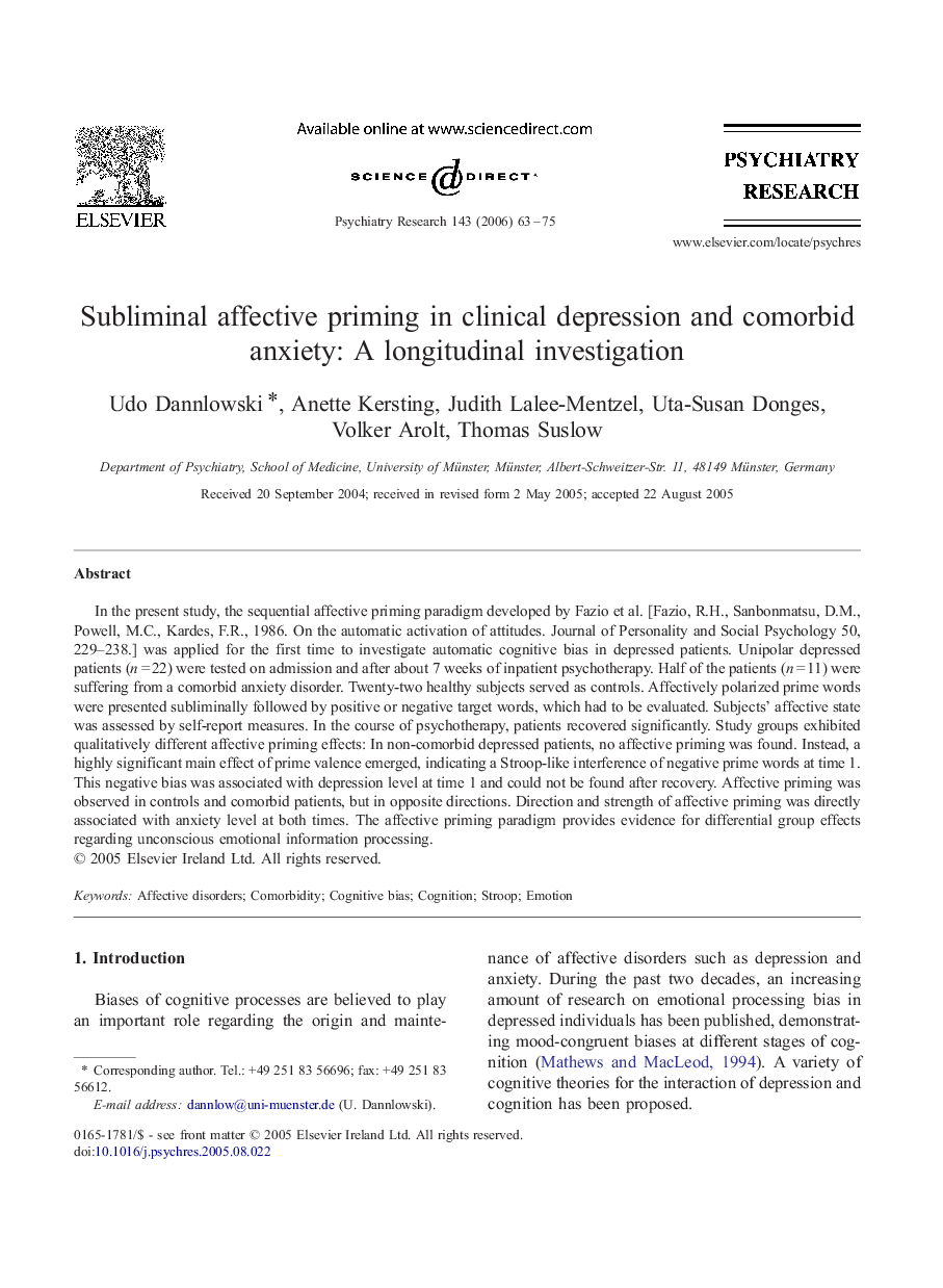 Subliminal affective priming in clinical depression and comorbid anxiety: A longitudinal investigation