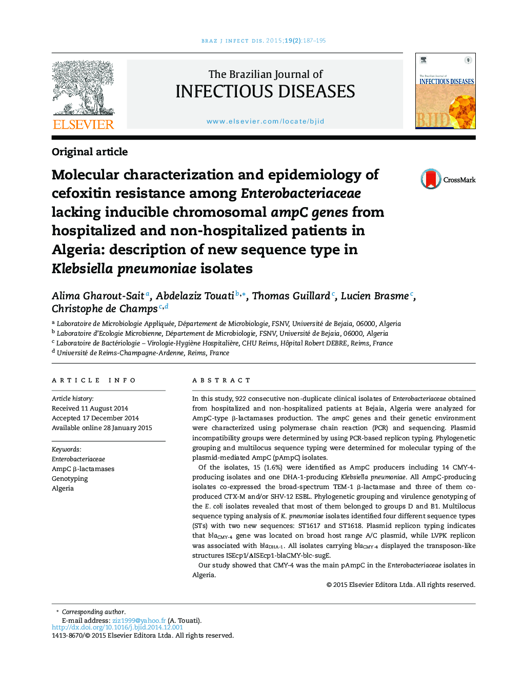 Molecular characterization and epidemiology of cefoxitin resistance among Enterobacteriaceae lacking inducible chromosomal ampC genes from hospitalized and non-hospitalized patients in Algeria: description of new sequence type in Klebsiella pneumoniae iso