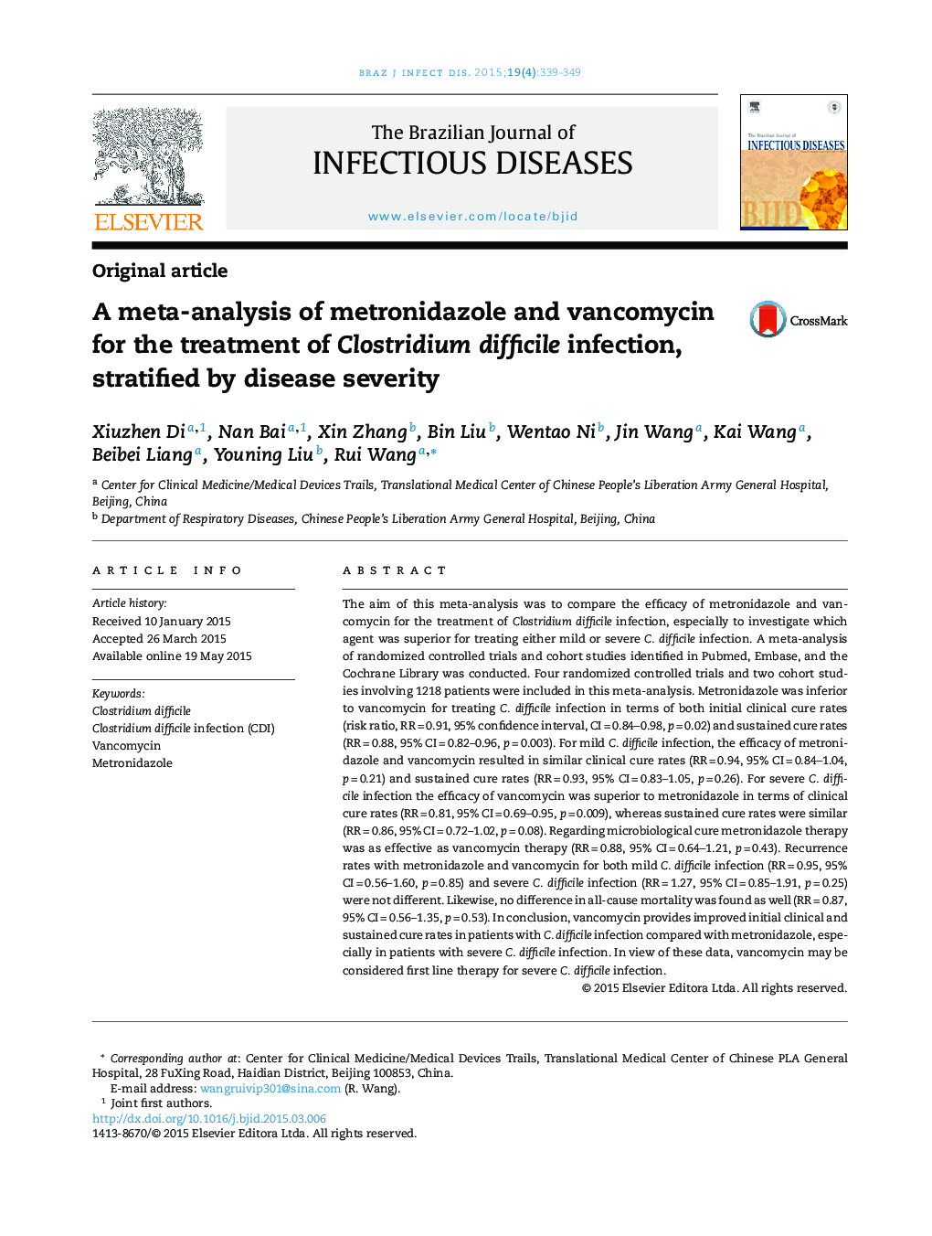 A meta-analysis of metronidazole and vancomycin for the treatment of Clostridium difficile infection, stratified by disease severity