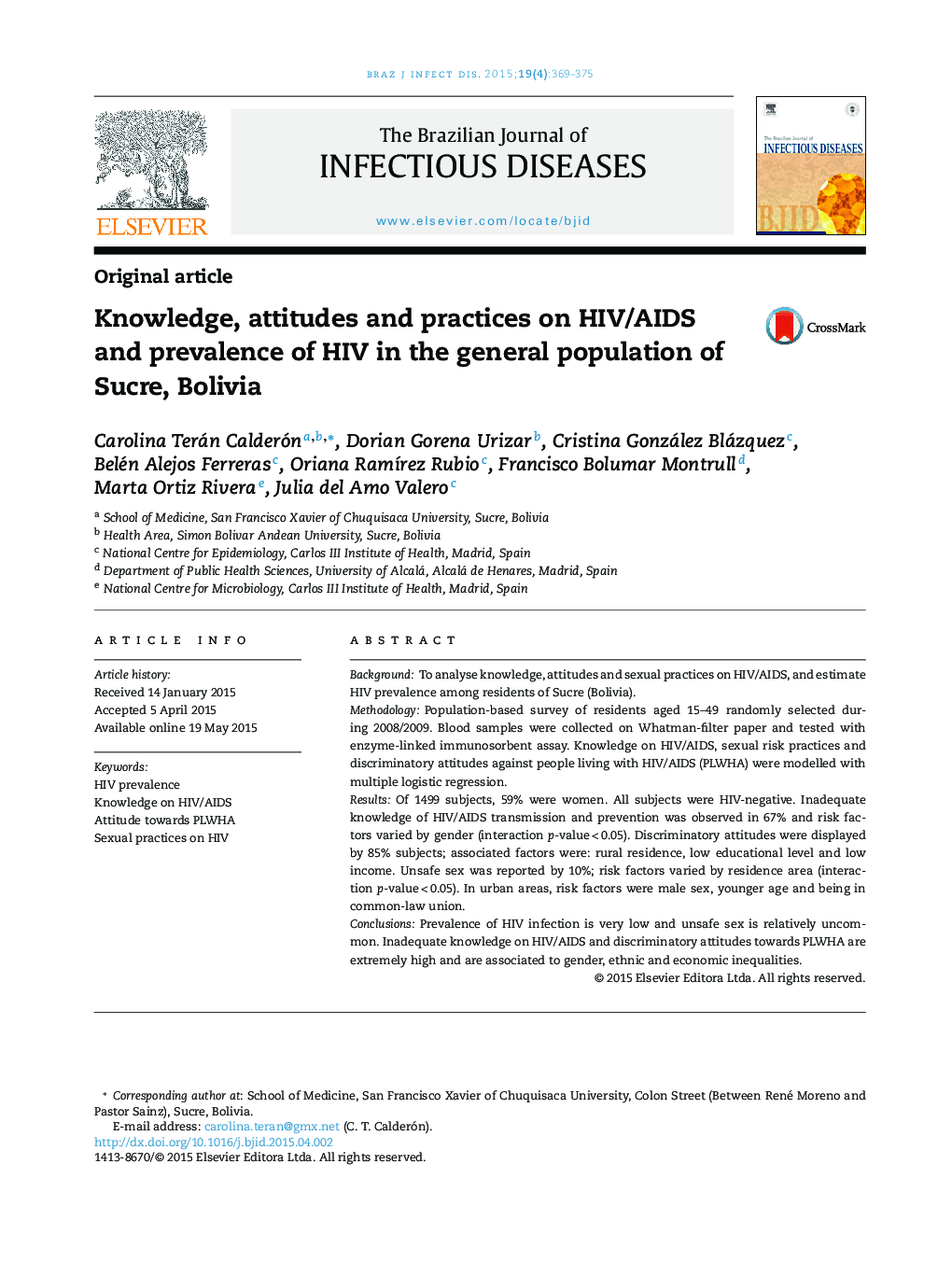 Knowledge, attitudes and practices on HIV/AIDS and prevalence of HIV in the general population of Sucre, Bolivia