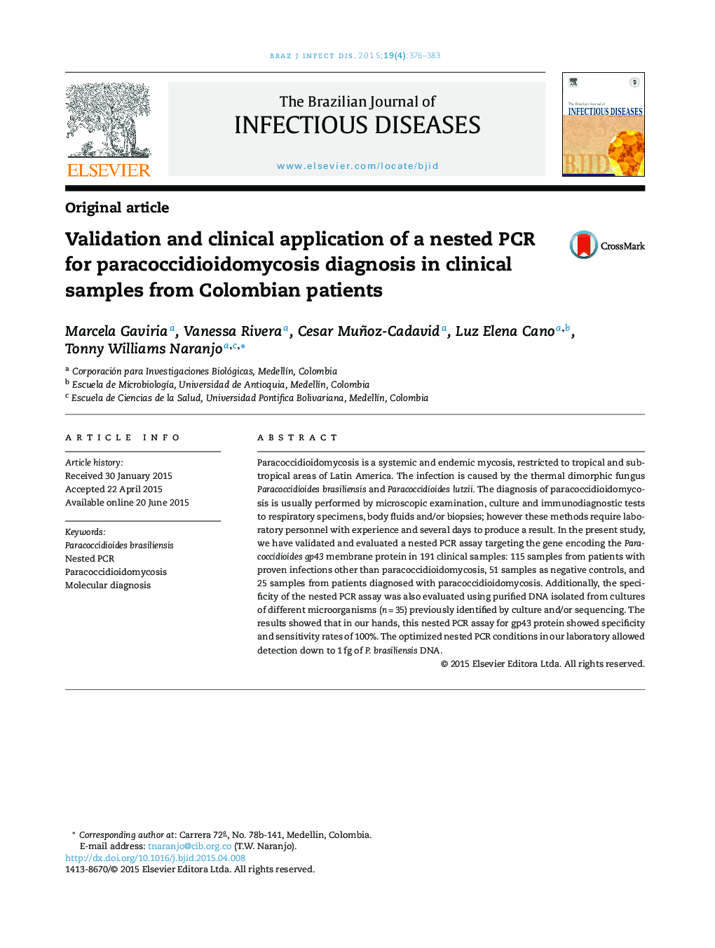 Validation and clinical application of a nested PCR for paracoccidioidomycosis diagnosis in clinical samples from Colombian patients