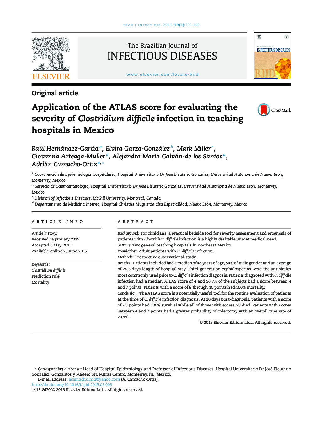 Application of the ATLAS score for evaluating the severity of Clostridium difficile infection in teaching hospitals in Mexico