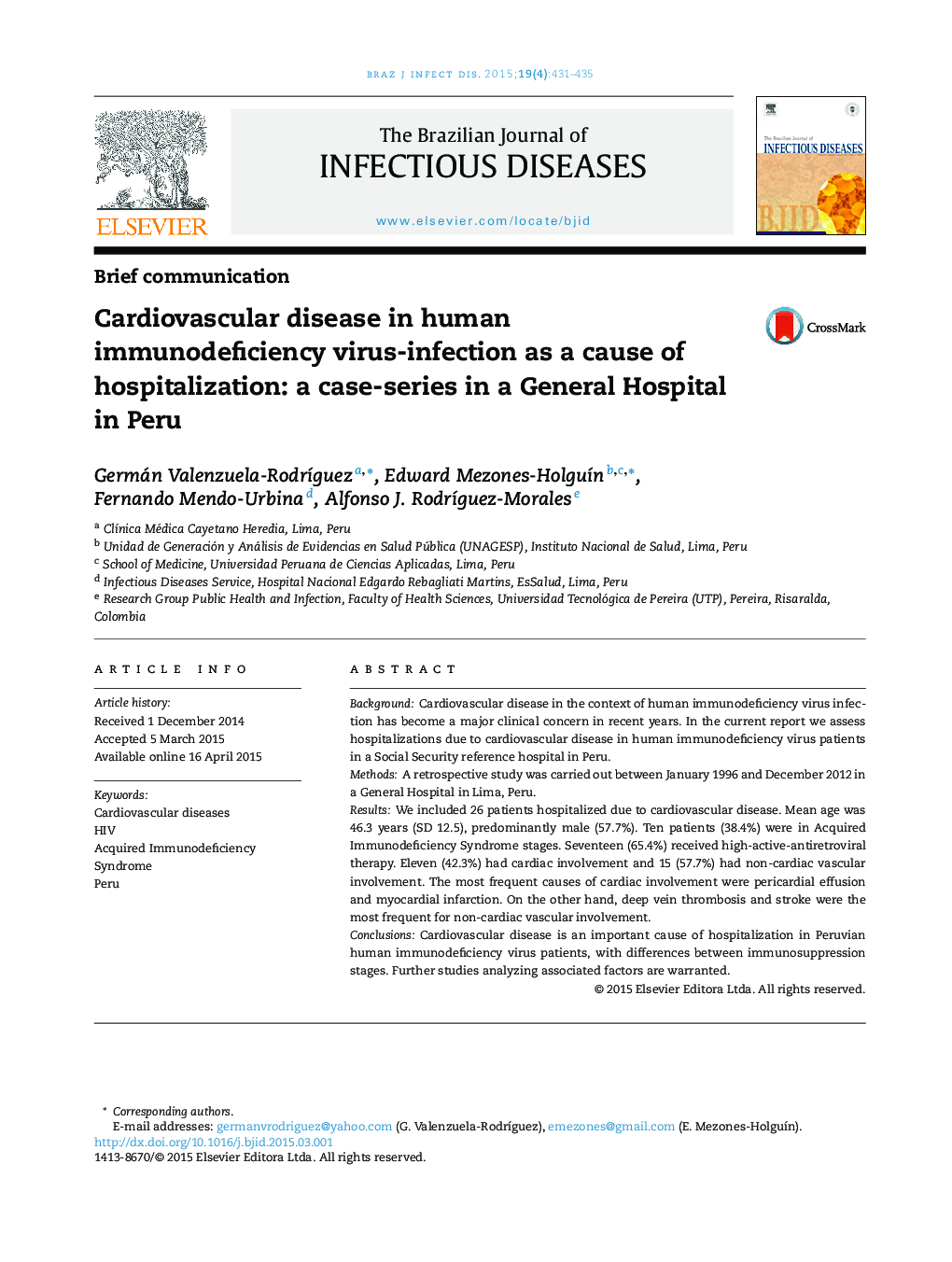 Cardiovascular disease in human immunodeficiency virus-infection as a cause of hospitalization: a case-series in a General Hospital in Peru