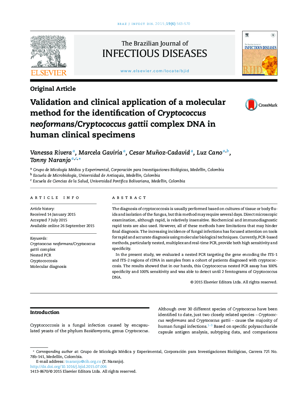 Validation and clinical application of a molecular method for the identification of Cryptococcus neoformans/Cryptococcus gattii complex DNA in human clinical specimens