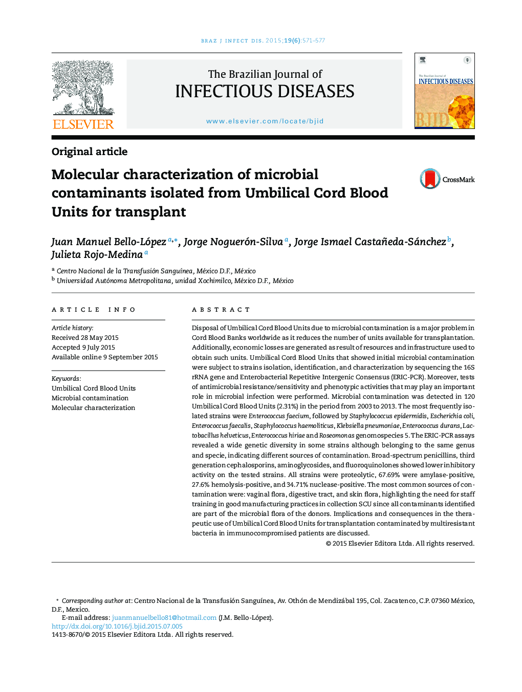 Molecular characterization of microbial contaminants isolated from Umbilical Cord Blood Units for transplant