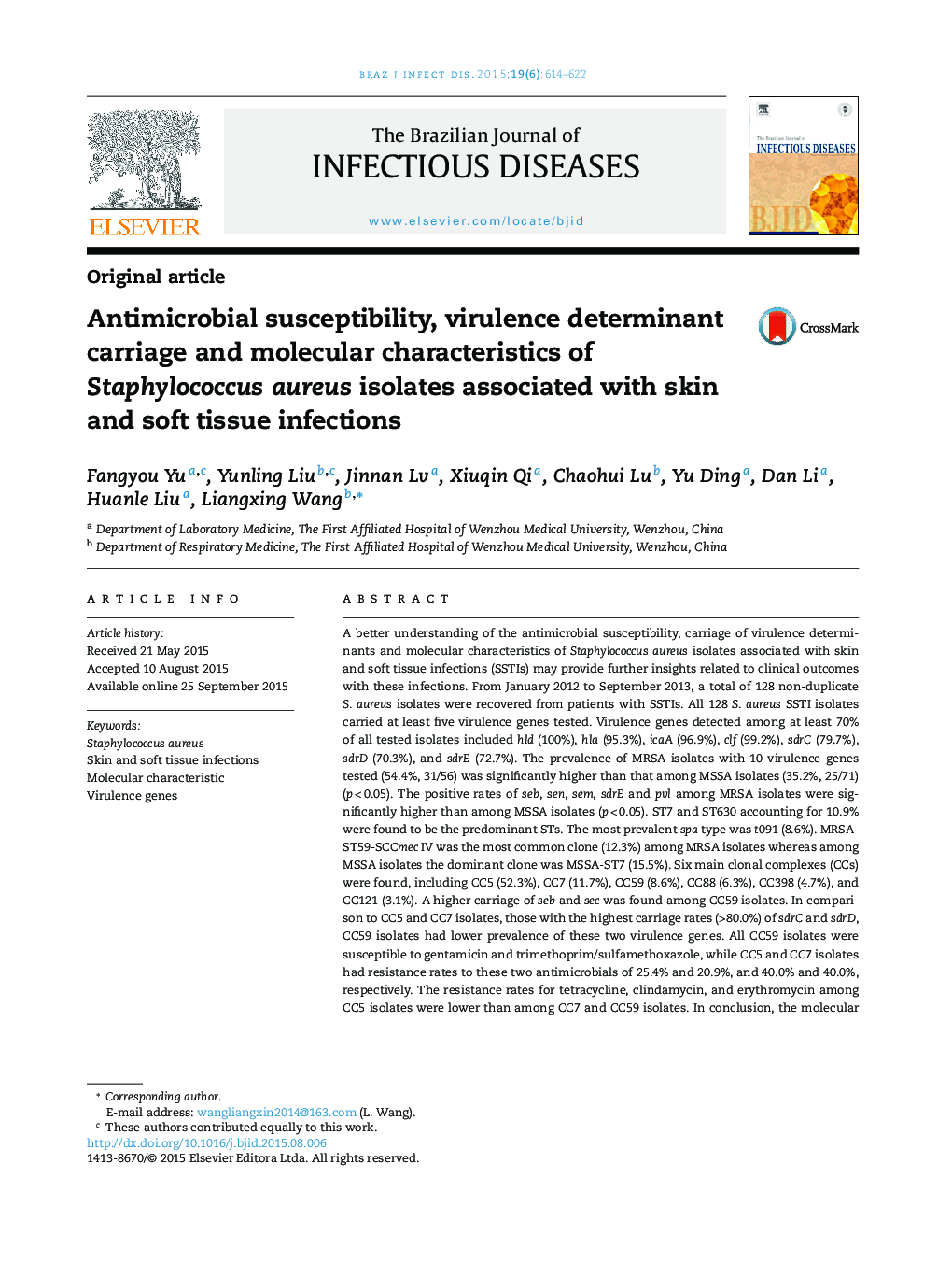 Antimicrobial susceptibility, virulence determinant carriage and molecular characteristics of Staphylococcus aureus isolates associated with skin and soft tissue infections