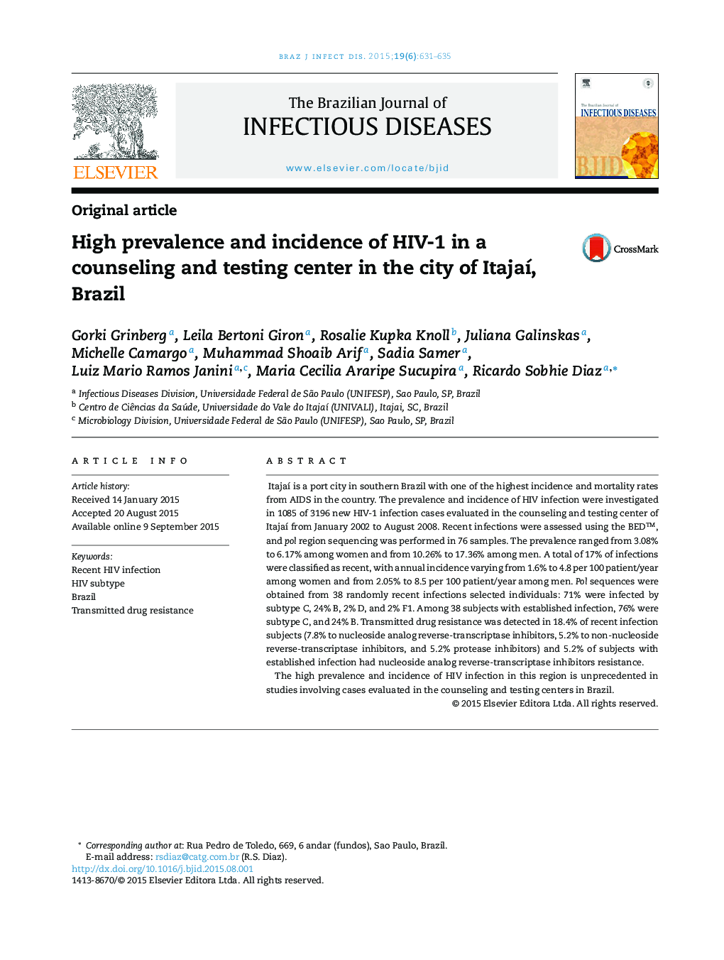 High prevalence and incidence of HIV-1 in a counseling and testing center in the city of Itajaí, Brazil