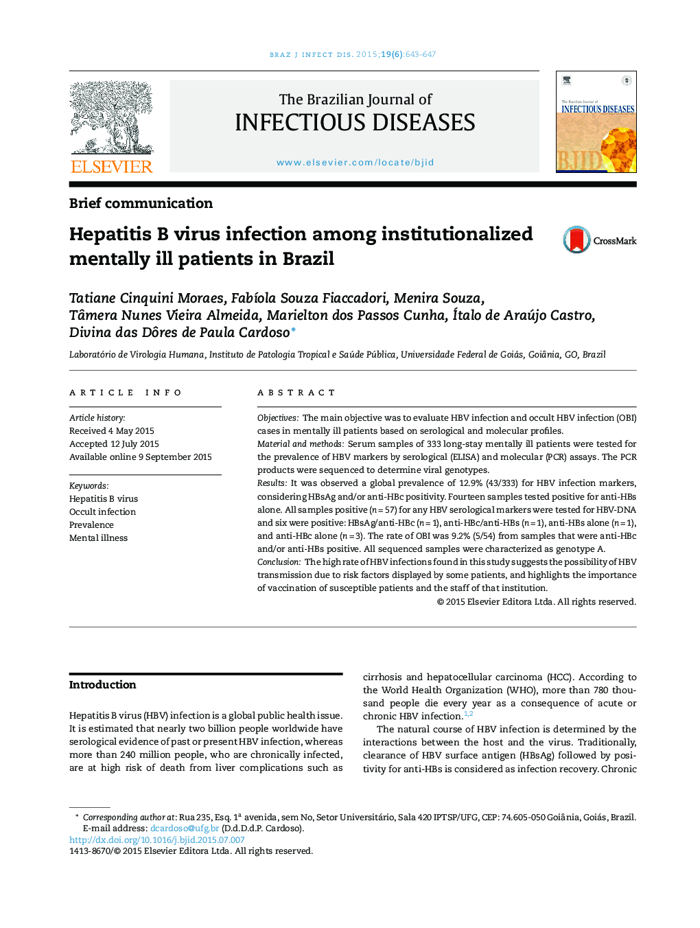 Hepatitis B virus infection among institutionalized mentally ill patients in Brazil