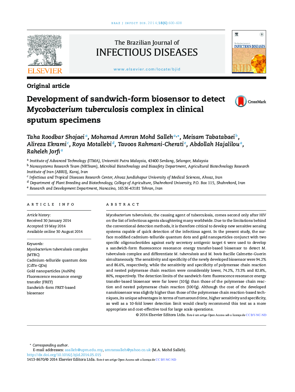 Development of sandwich-form biosensor to detect Mycobacterium tuberculosis complex in clinical sputum specimens