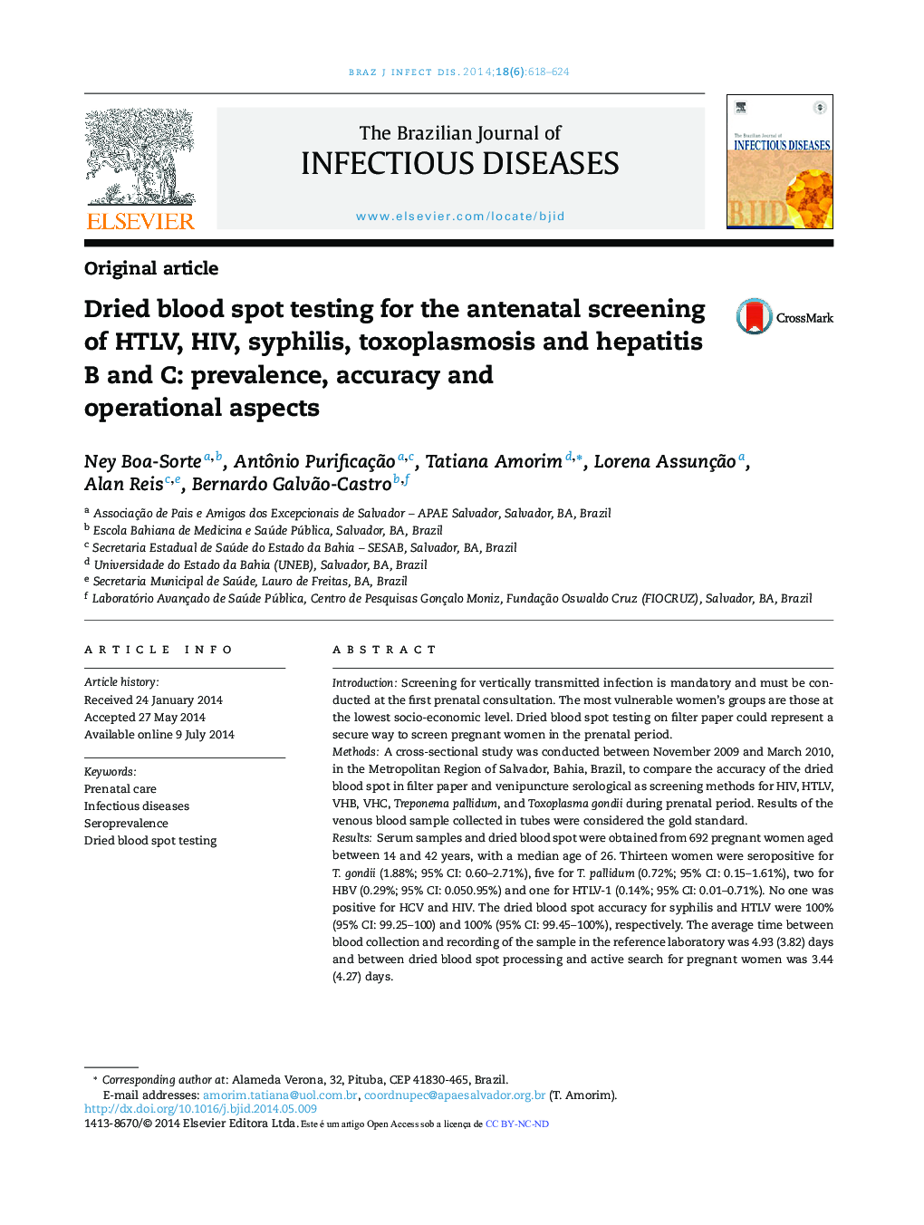 Dried blood spot testing for the antenatal screening of HTLV, HIV, syphilis, toxoplasmosis and hepatitis B and C: prevalence, accuracy and operational aspects