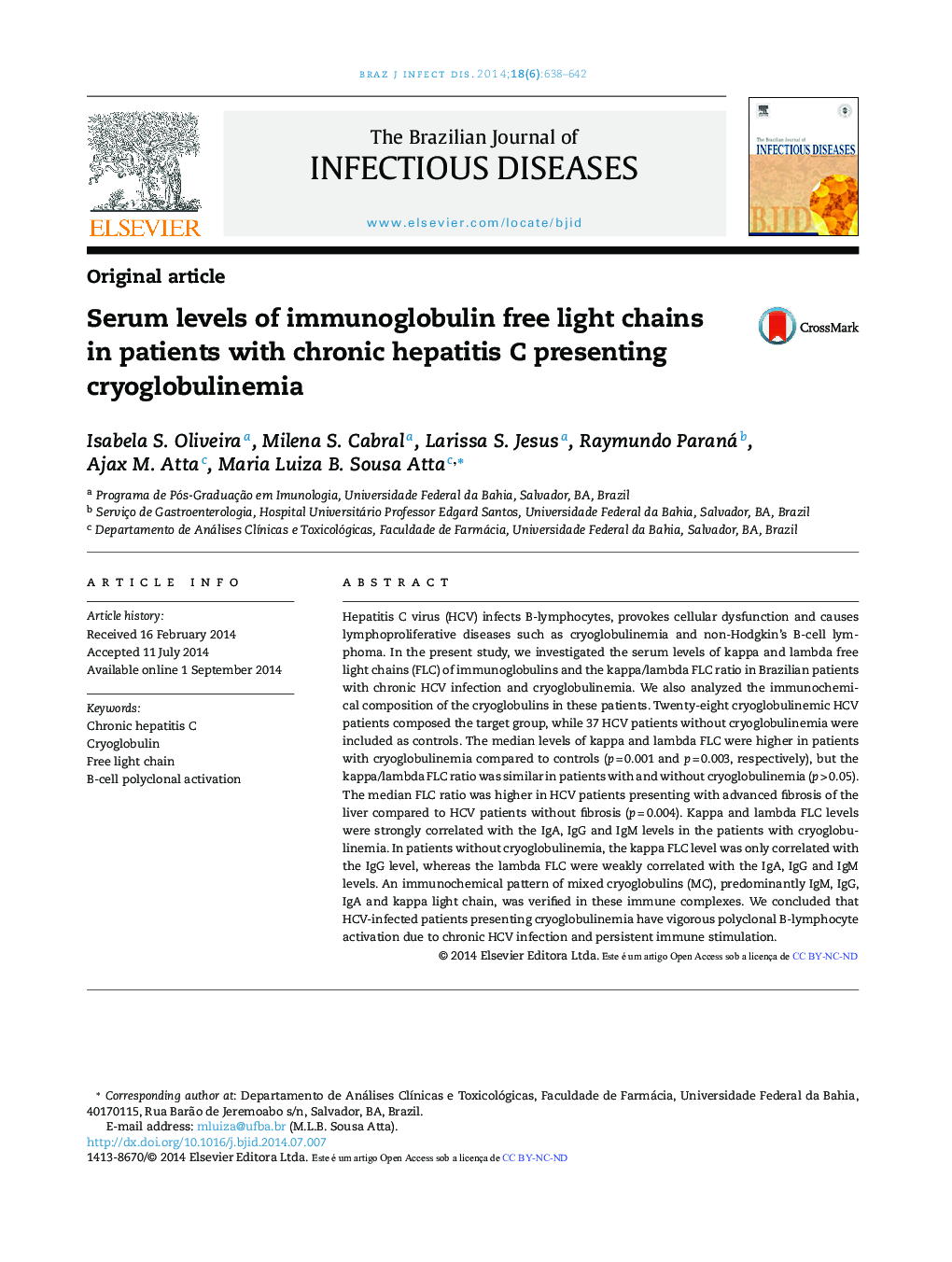 Serum levels of immunoglobulin free light chains in patients with chronic hepatitis C presenting cryoglobulinemia