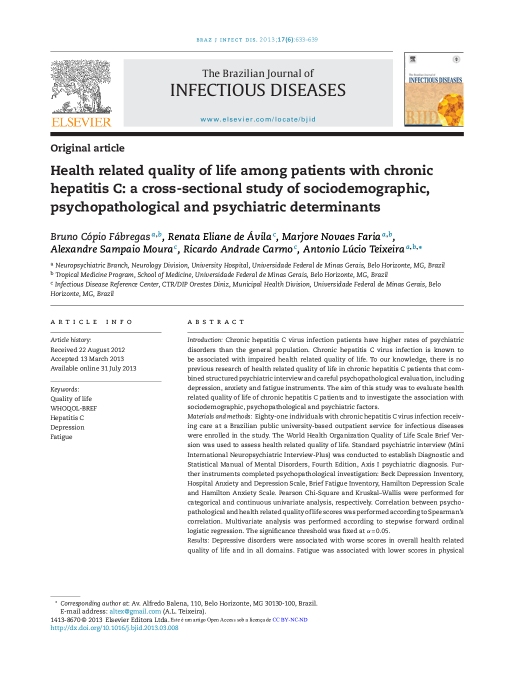 Health related quality of life among patients with chronic hepatitis C: a cross-sectional study of sociodemographic, psychopathological and psychiatric determinants