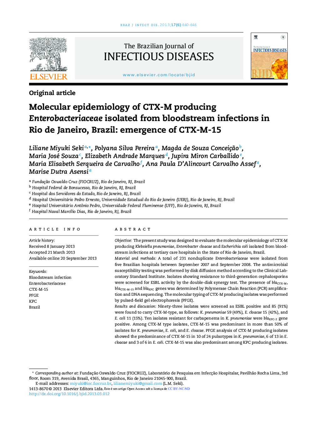 Molecular epidemiology of CTX-M producing Enterobacteriaceae isolated from bloodstream infections in Rio de Janeiro, Brazil: emergence of CTX-M-15