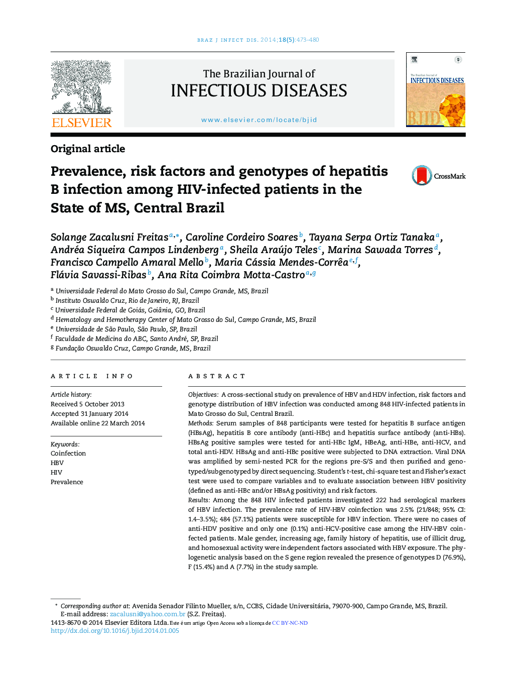 Prevalence, risk factors and genotypes of hepatitis B infection among HIV-infected patients in the State of MS, Central Brazil