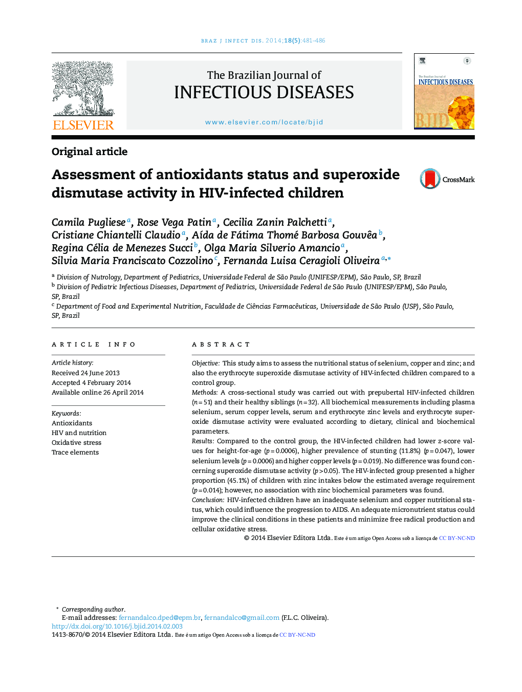 Assessment of antioxidants status and superoxide dismutase activity in HIV-infected children