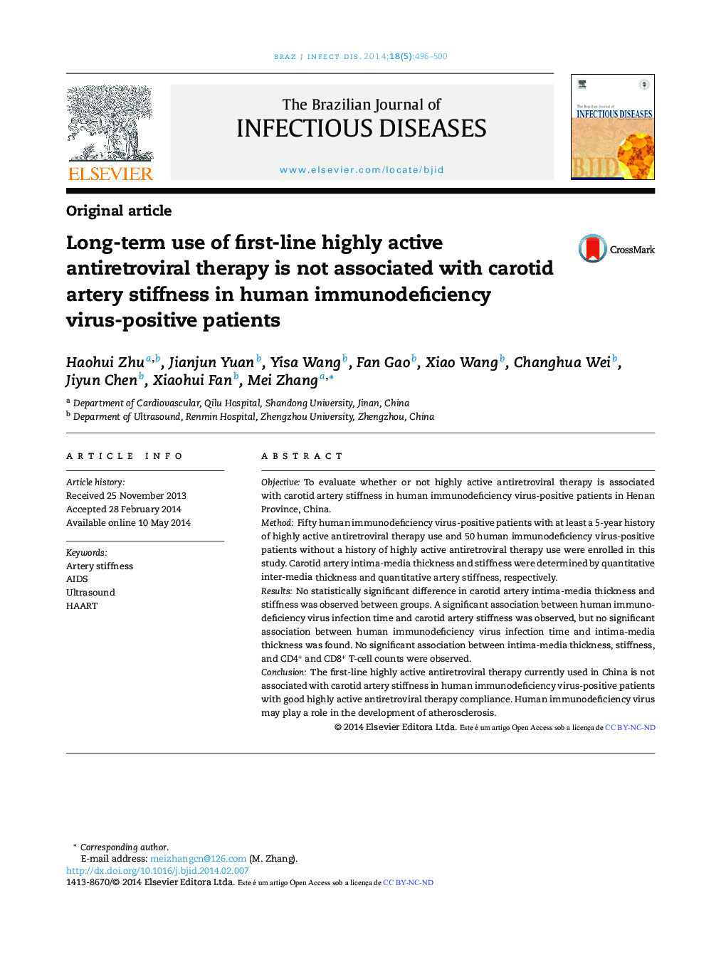 Long-term use of first-line highly active antiretroviral therapy is not associated with carotid artery stiffness in human immunodeficiency virus-positive patients