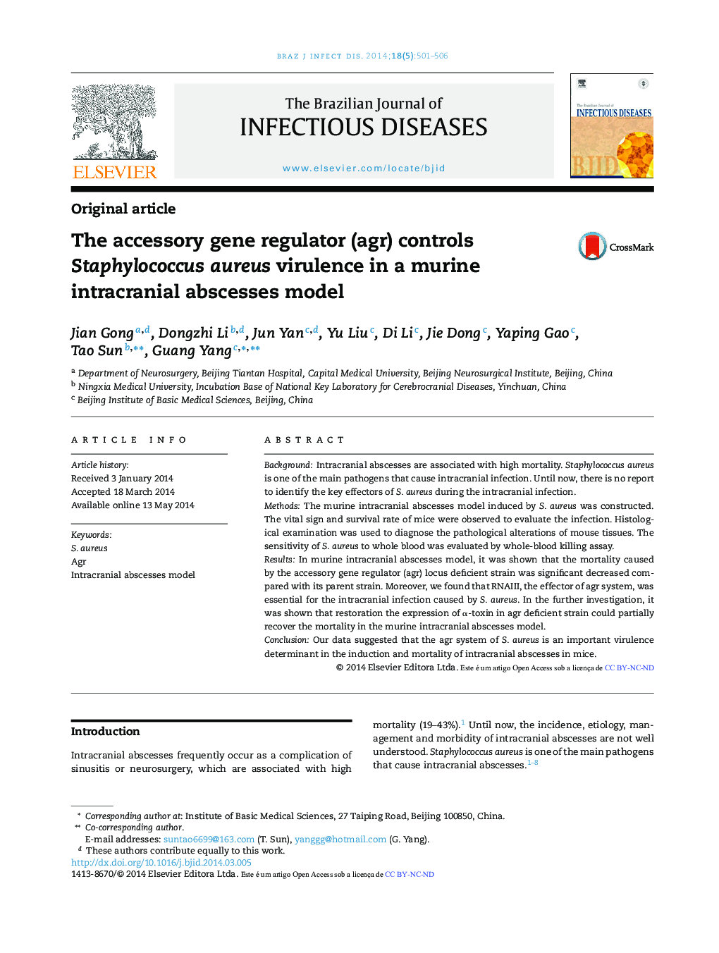 The accessory gene regulator (agr) controls Staphylococcus aureus virulence in a murine intracranial abscesses model