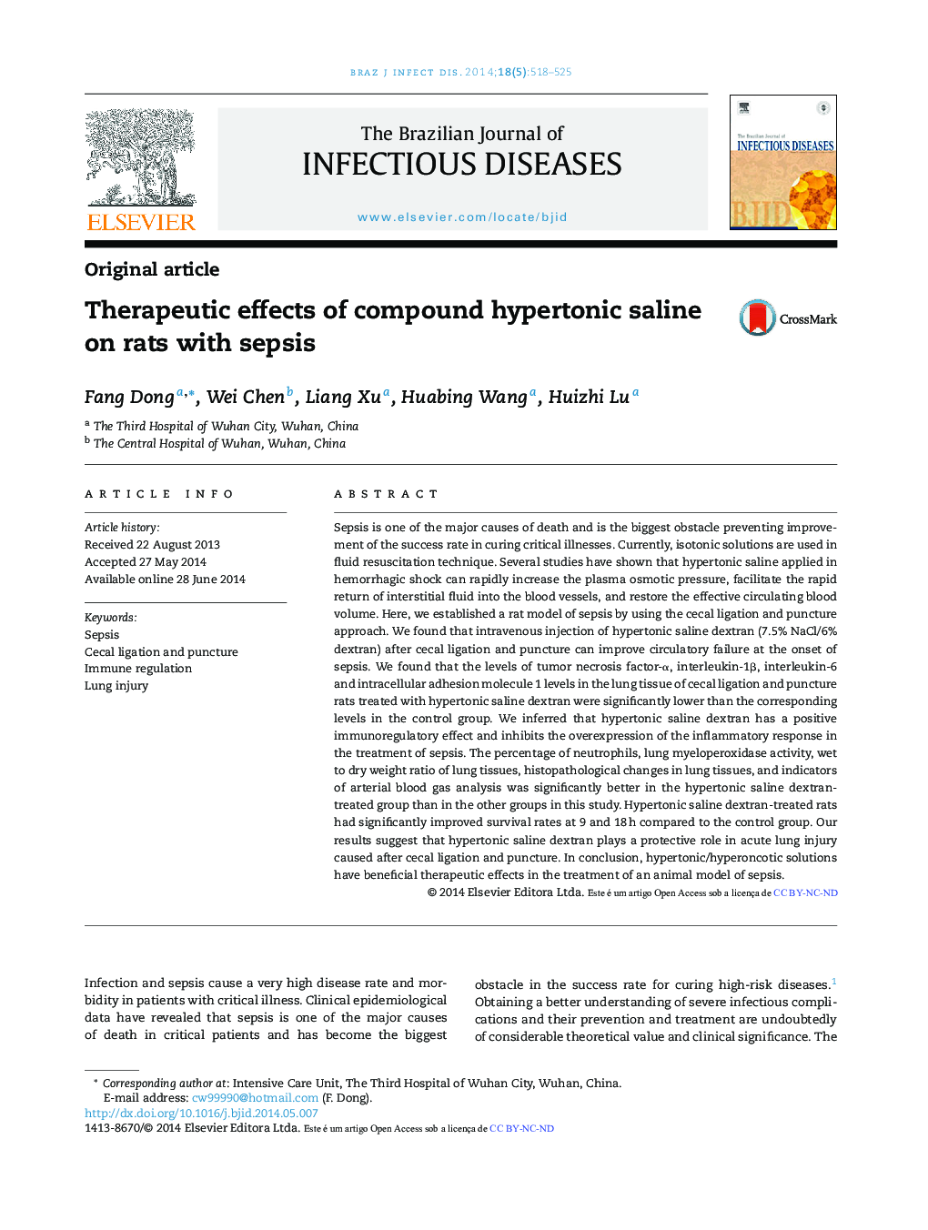 Therapeutic effects of compound hypertonic saline on rats with sepsis